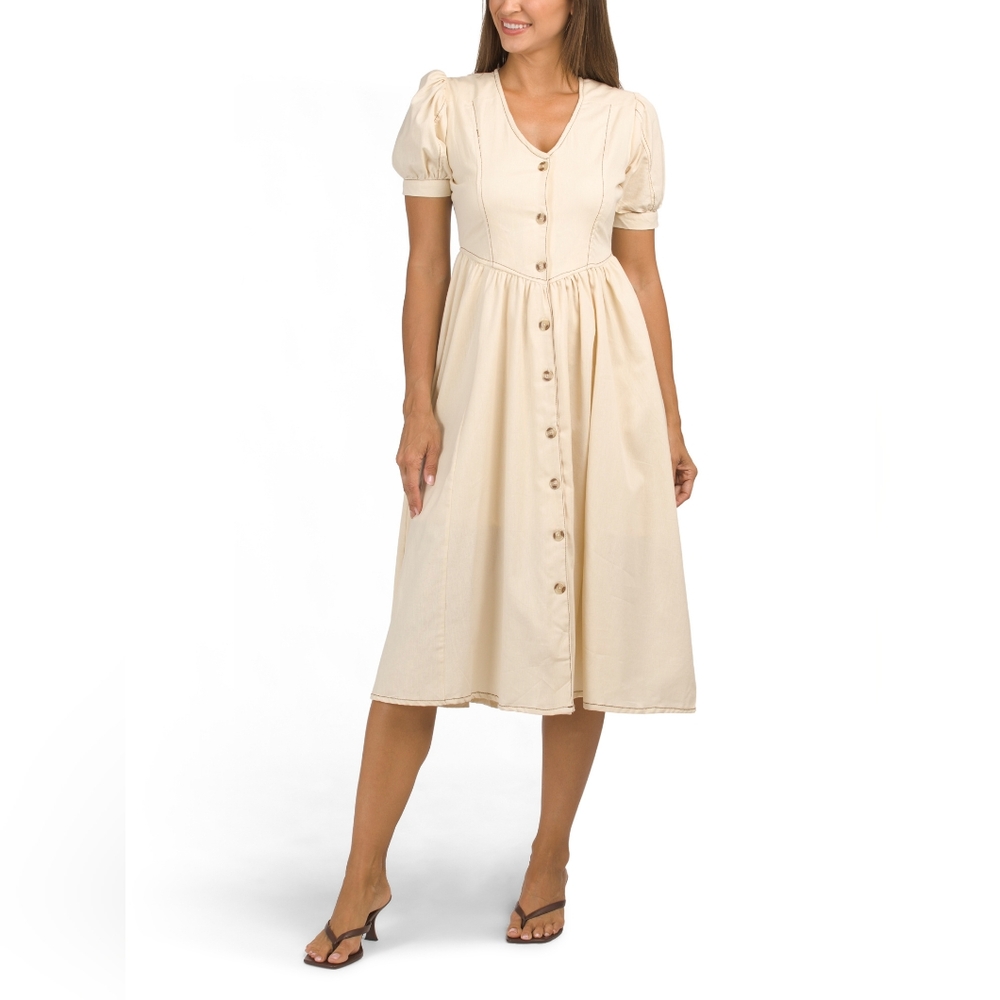 NWT - US TOGETHER Cotton Ivory Puff Sleeve Button Front Midi Dress - Size L